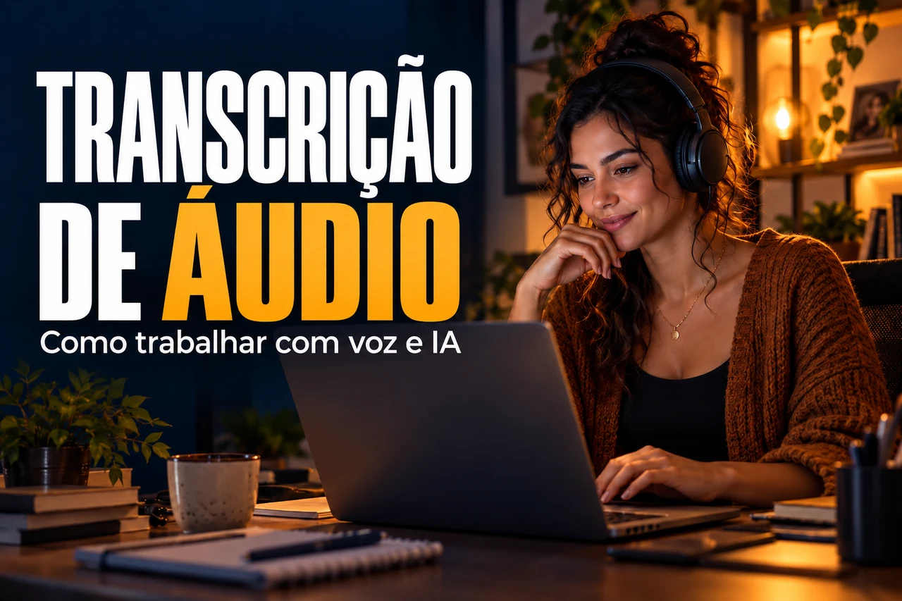 Capa Transcrição de Áudio: mulher com fones de ouvido diante de um notebook em ambiente iluminado em tons dourados.
